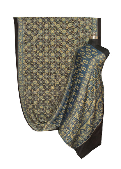 Ajrakh Modal Silk Natural Dye Hand Block Print Saree 5.5 Mtr Length + 0.85 Mtr Blouse Piece    -  SKU : ID2460AT