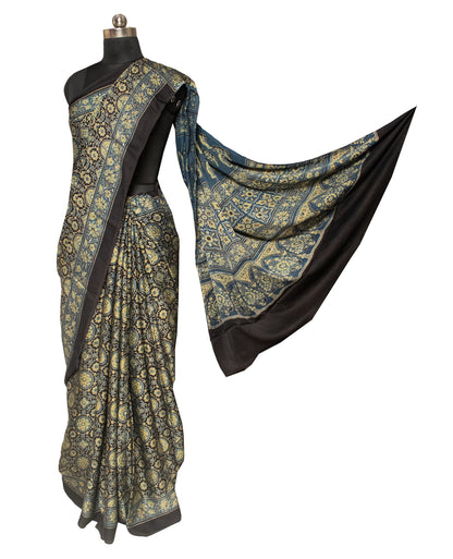Ajrakh Modal Silk Natural Dye Hand Block Print Saree 5.5 Mtr Length + 0.85 Mtr Blouse Piece    -  SKU : ID2460AT