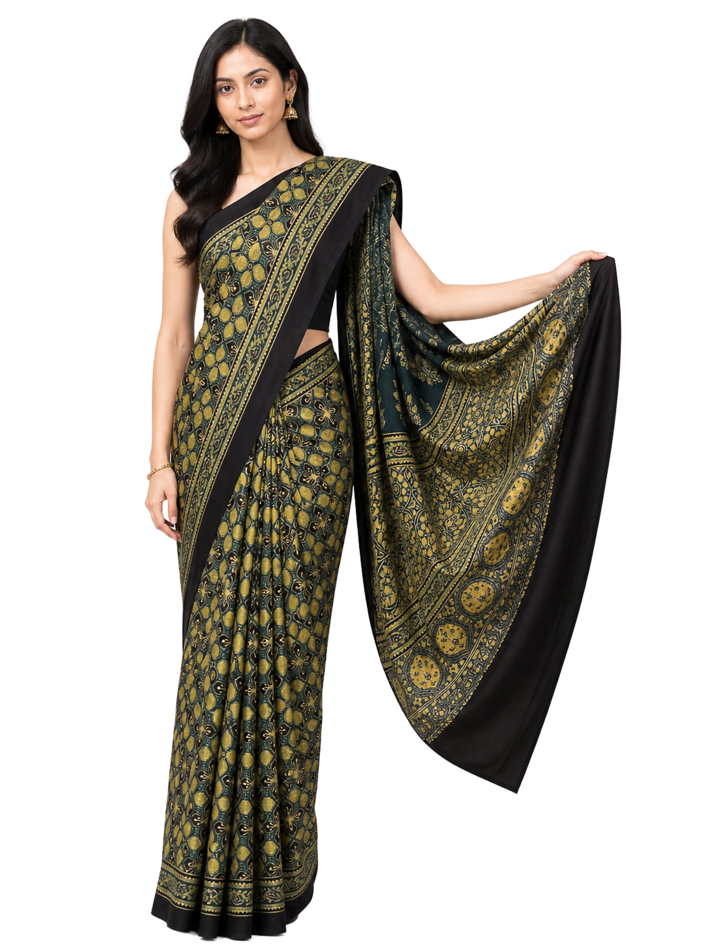 Ajrakh Modal Silk Natural Dye Hand Block Print Saree 5.5 Mtr Length + 0.85 Mtr Blouse Piece    -  SKU : ID2460AZ