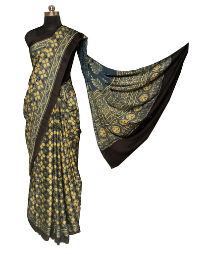 Ajrakh Modal Silk Natural Dye Hand Block Print Saree 5.5 Mtr Length + 0.85 Mtr Blouse Piece    -  SKU : ID2460AZ