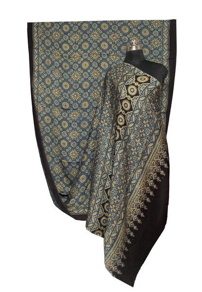 Ajrakh Modal Silk Natural Dye Hand Block Print Saree with Blouse Piece - 6 Mtr Length    -  SKU : ID2460BG