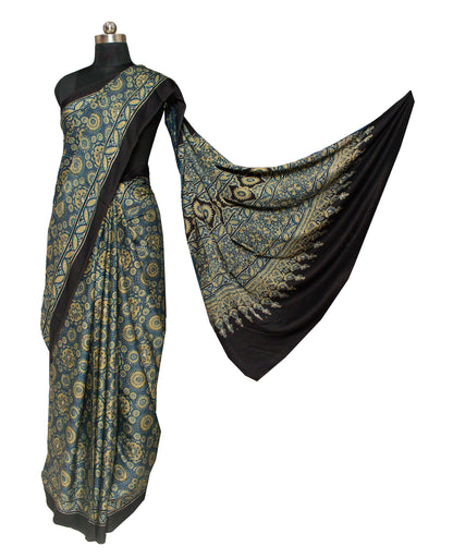 Ajrakh Modal Silk Natural Dye Hand Block Print Saree with Blouse Piece - 6 Mtr Length    -  SKU : ID2460BG