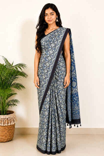 Ajrakh Modal Silk Natural Dye Hand Block Print Saree with Blouse Piece - 5.5 Mtr Length   -  SKU : MS09501A