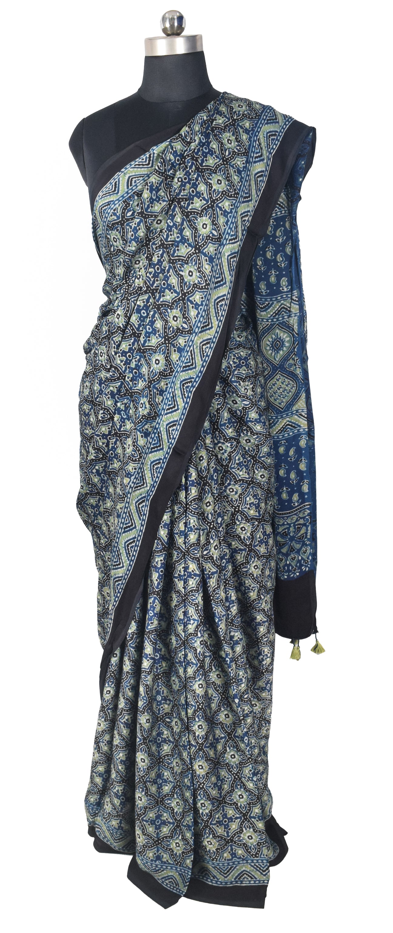 Ajrakh Modal Silk Natural Dye Hand Block Print Saree with Blouse Piece - 5.5 Mtr Length   -  SKU : MS09501A