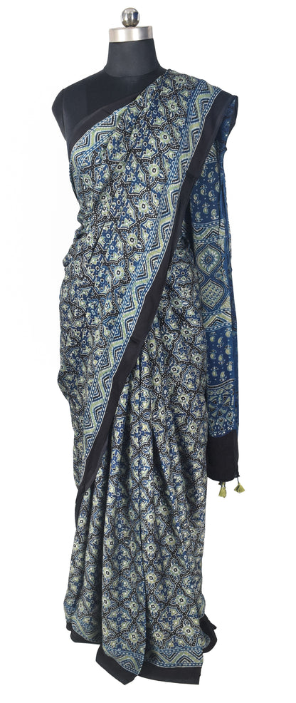 Ajrakh Modal Silk Natural Dye Hand Block Print Saree with Blouse Piece - 5.5 Mtr Length   -  SKU : MS09501A