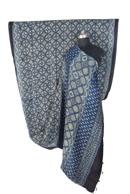 Ajrakh Modal Silk Natural Dye Hand Block Print Saree with Blouse Piece - 5.5 Mtr Length   -  SKU : MS09501A