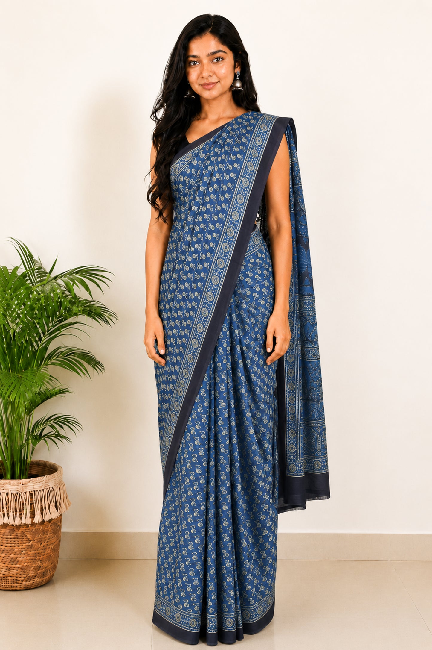 Ajrakh Modal Silk Natural Dye Hand Block Print Saree with Blouse Piece - 5.5 Mtr Length   -  SKU : SI03601B