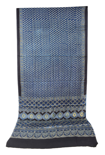 Ajrakh Modal Silk Natural Dye Hand Block Print Saree with Blouse Piece - 5.5 Mtr Length   -  SKU : SI03601B