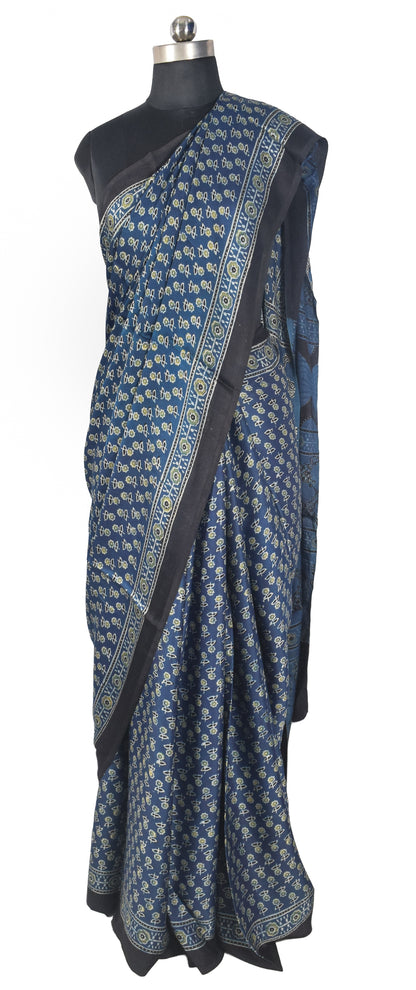 Ajrakh Modal Silk Natural Dye Hand Block Print Saree with Blouse Piece - 5.5 Mtr Length   -  SKU : SI03601B