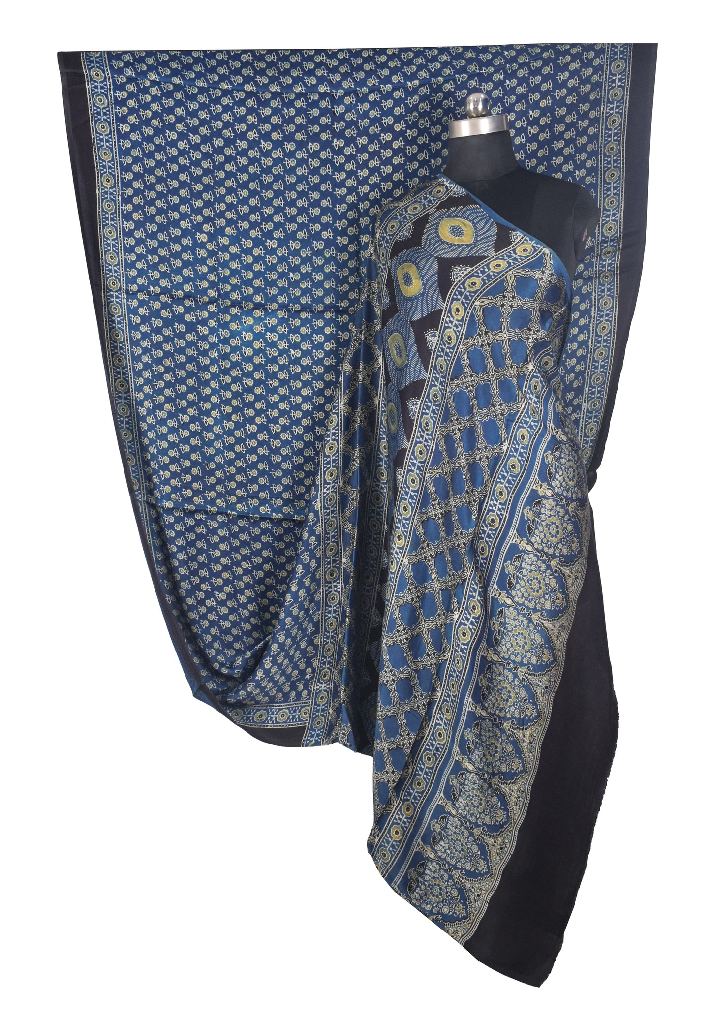 Ajrakh Modal Silk Natural Dye Hand Block Print Saree with Blouse Piece - 5.5 Mtr Length   -  SKU : SI03601B
