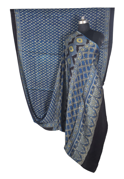 Ajrakh Modal Silk Natural Dye Hand Block Print Saree with Blouse Piece - 5.5 Mtr Length   -  SKU : SI03601B