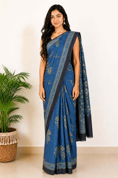 Ajrakh Modal Silk Natural Dye Hand Block Print Saree with Blouse Piece - 5.5 Mtr Length   -  SKU : SI03601J