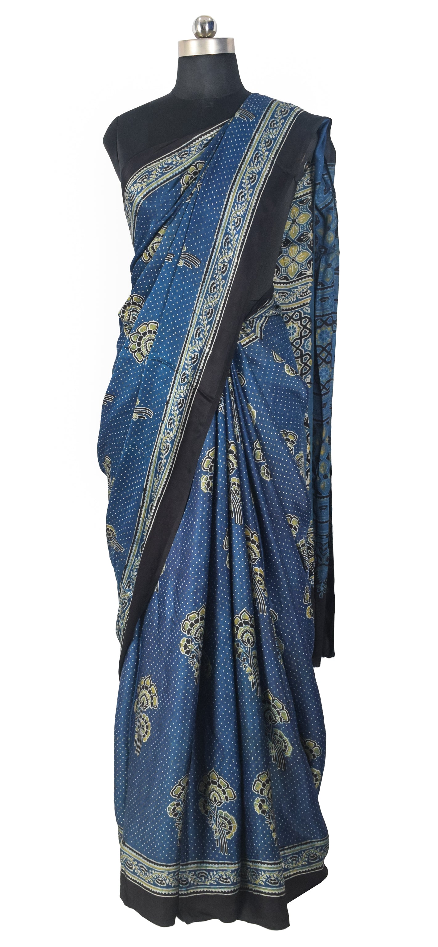 Ajrakh Modal Silk Natural Dye Hand Block Print Saree with Blouse Piece - 5.5 Mtr Length   -  SKU : SI03601J