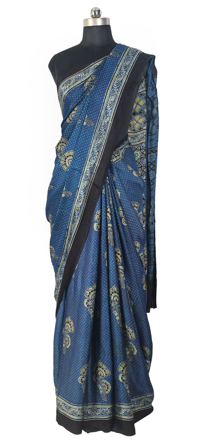 Ajrakh Modal Silk Natural Dye Hand Block Print Saree with Blouse Piece - 5.5 Mtr Length   -  SKU : SI03601J