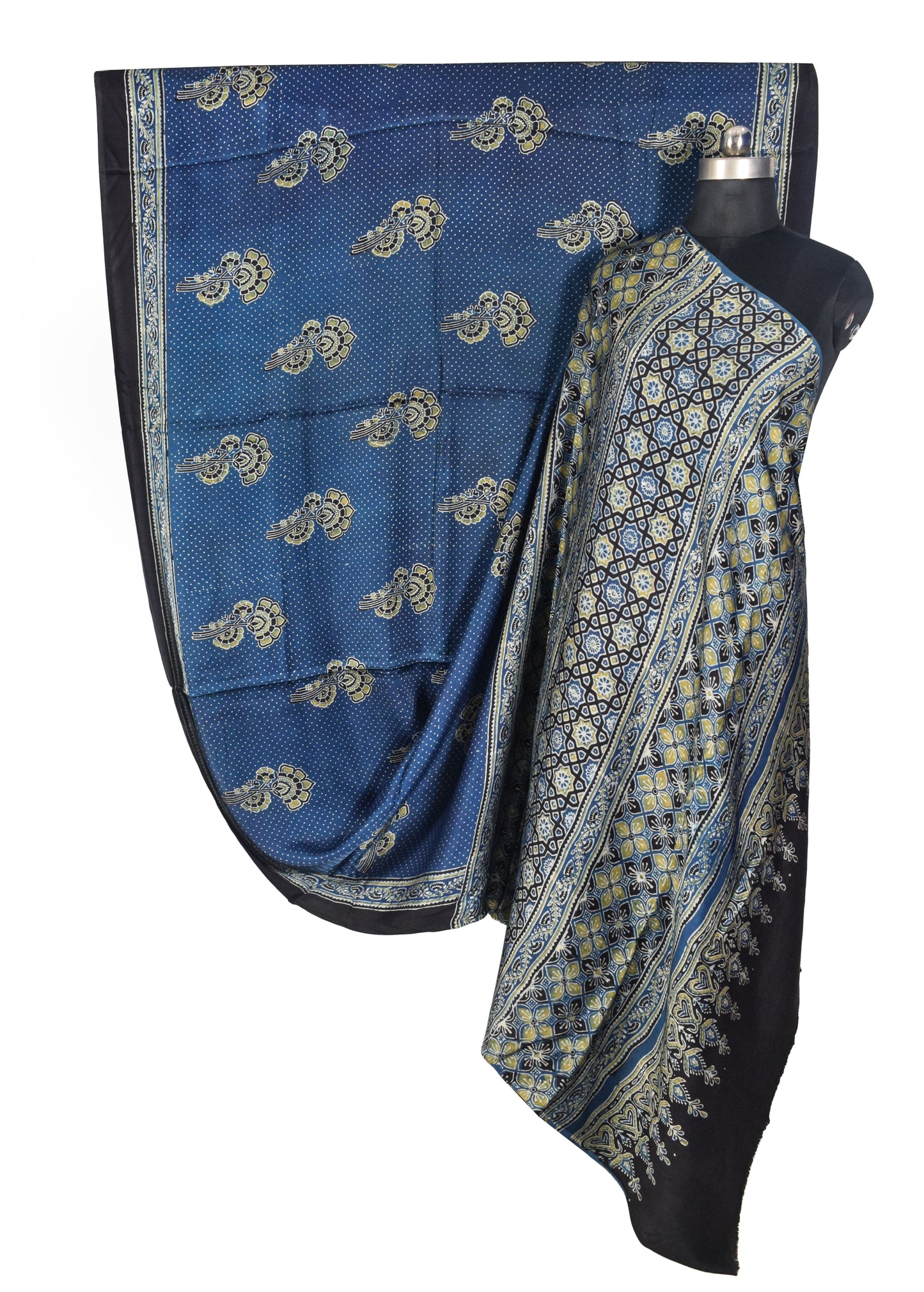Ajrakh Modal Silk Natural Dye Hand Block Print Saree with Blouse Piece - 5.5 Mtr Length   -  SKU : SI03601J
