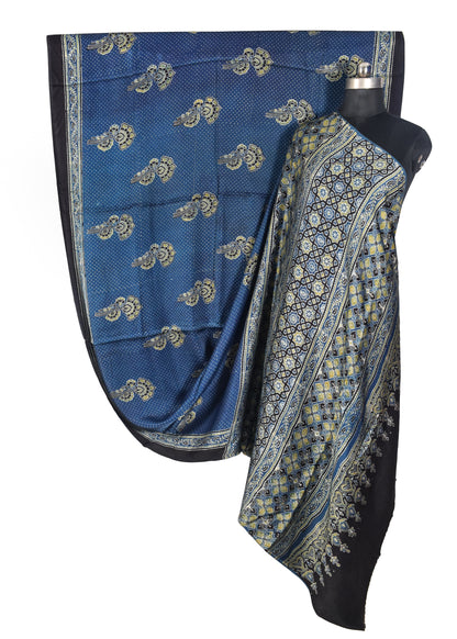 Ajrakh Modal Silk Natural Dye Hand Block Print Saree with Blouse Piece - 5.5 Mtr Length   -  SKU : SI03601J