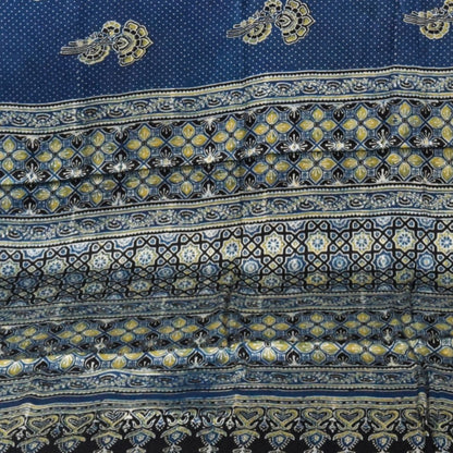 Ajrakh Modal Silk Natural Dye Hand Block Print Saree with Blouse Piece - 5.5 Mtr Length   -  SKU : SI03601J
