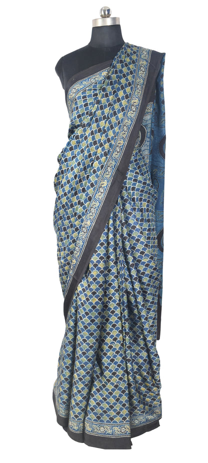 Ajrakh Modal Silk Natural Dye Hand Block Print Saree with Blouse Piece - 5.5 Mtr Length   -  SKU : SI03601T