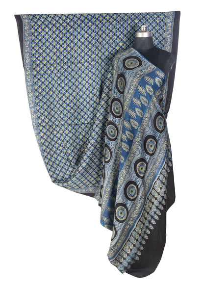 Ajrakh Modal Silk Natural Dye Hand Block Print Saree with Blouse Piece - 5.5 Mtr Length   -  SKU : SI03601T
