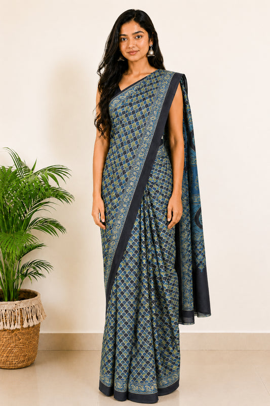 Ajrakh Modal Silk Natural Dye Hand Block Print Saree with Blouse Piece - 5.5 Mtr Length   -  SKU : SI03601T