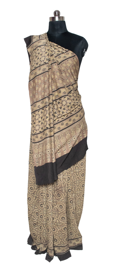 Ajrakh Modal Silk Natural Dye Hand Block Print Saree  With Blouse Piece   -  SKU: MS10605E