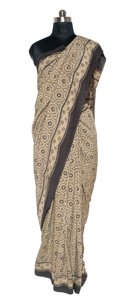 Ajrakh Modal Silk Natural Dye Hand Block Print Saree  With Blouse Piece   -  SKU: MS10605E