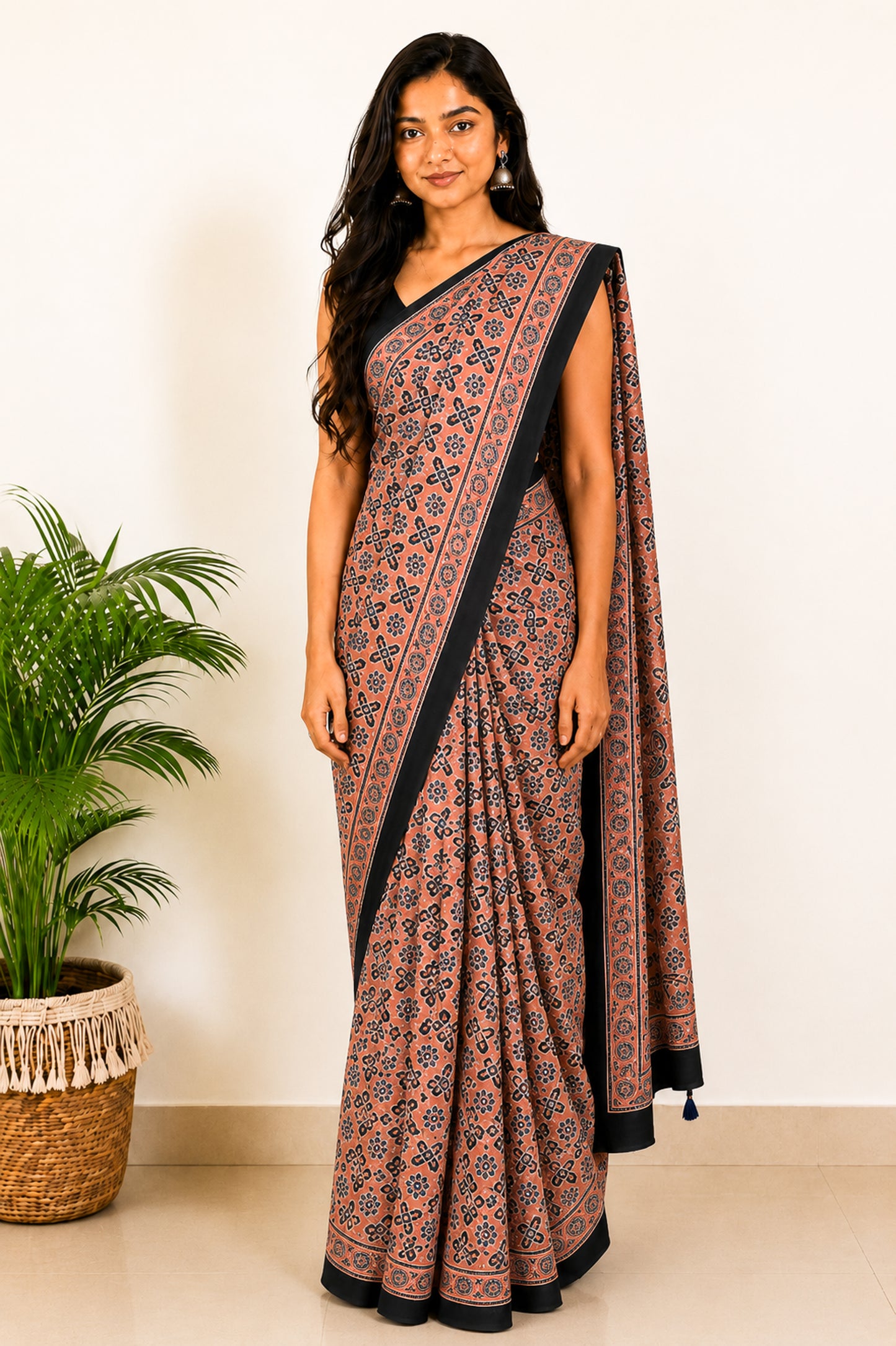 Ajrakh Modal Silk Natural Dye Hand Block Print Saree with Blouse Piece - 5.5 Mtr Length   -  SKU : MS09501D