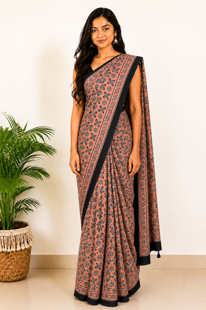 Ajrakh Modal Silk Natural Dye Hand Block Print Saree with Blouse Piece - 5.5 Mtr Length   -  SKU : MS09501D