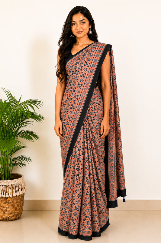 Ajrakh Modal Silk Natural Dye Hand Block Print Saree with Blouse Piece - 5.5 Mtr Length   -  SKU : MS09501D