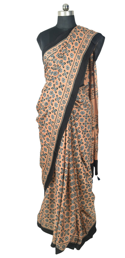 Ajrakh Modal Silk Natural Dye Hand Block Print Saree with Blouse Piece - 5.5 Mtr Length   -  SKU : MS09501D