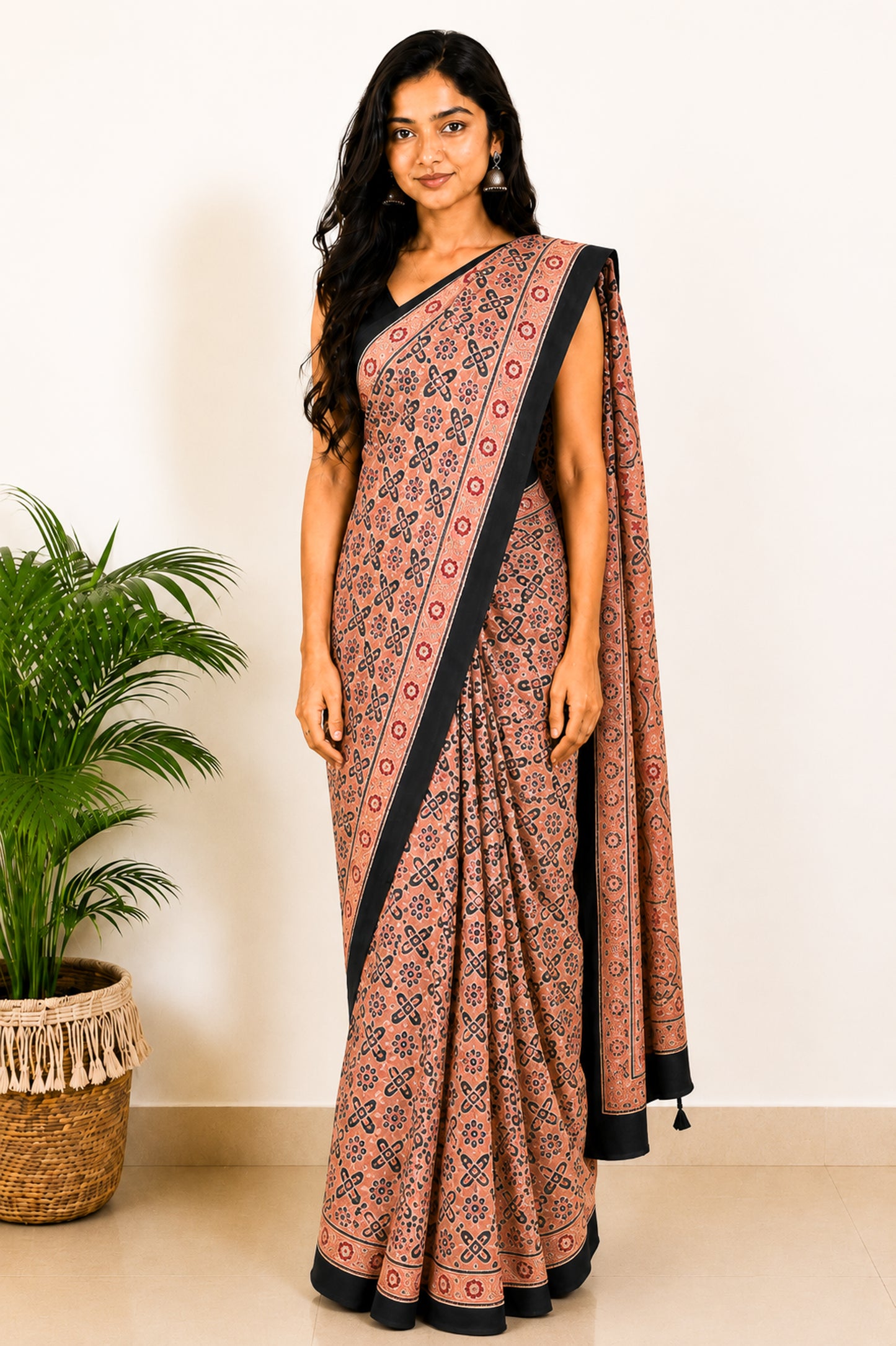 Ajrakh Modal Silk Natural Dye Hand Block Print Saree with Blouse Piece - 5.5 Mtr Length   -  SKU : MS09501E