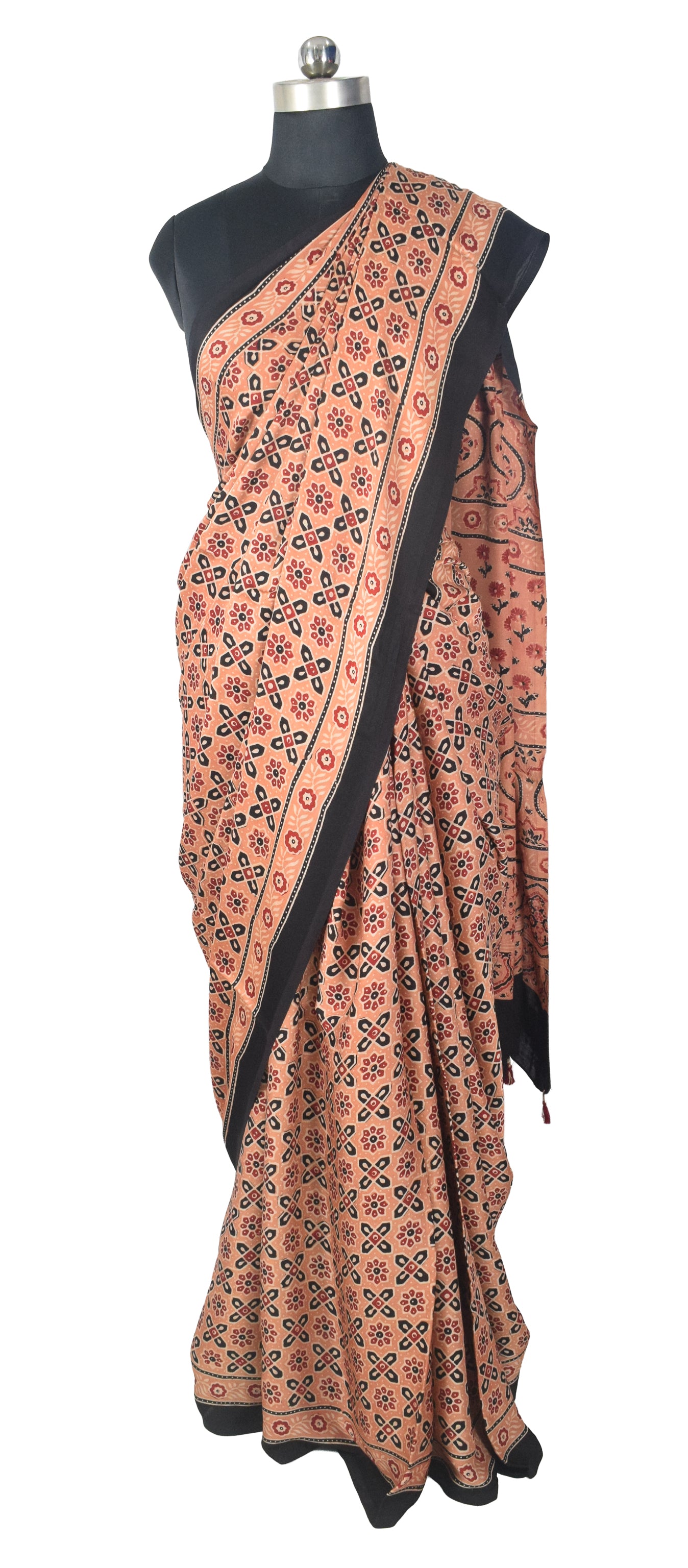 Ajrakh Modal Silk Natural Dye Hand Block Print Saree with Blouse Piece - 5.5 Mtr Length   -  SKU : MS09501E