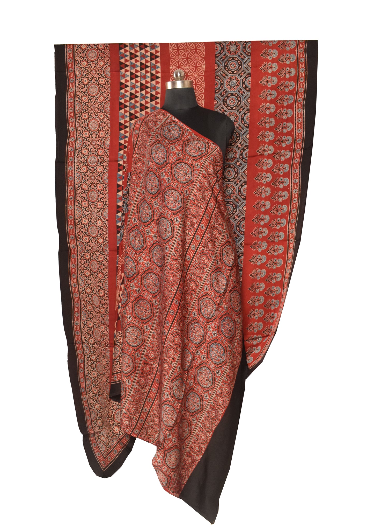 Ajrakh Modal Silk Natural Dye Hand Block Print Saree  with Ajrakh Blouse Piece  - 6 Mtr Length    -  SKU : ID14C01E