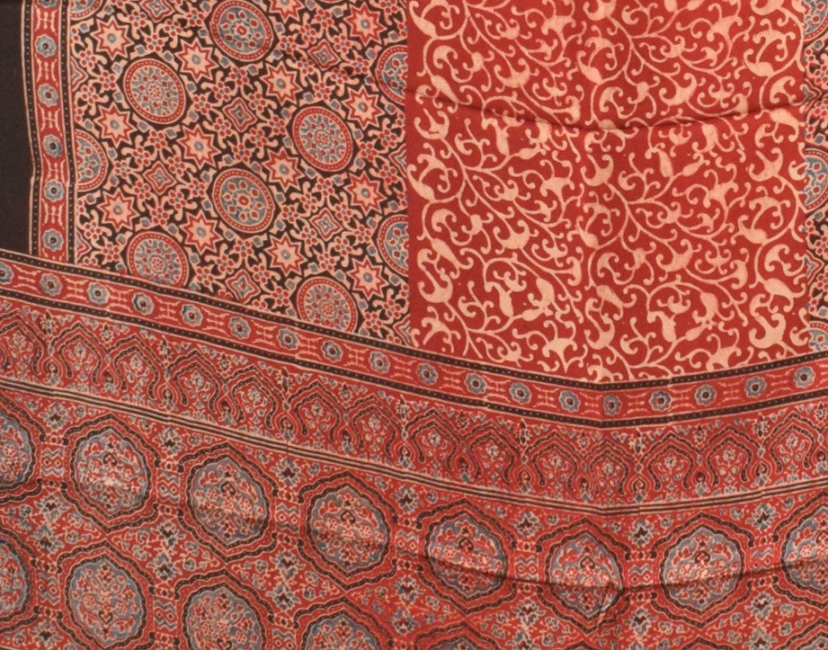 Ajrakh Modal Silk Natural Dye Hand Block Print Saree  with Ajrakh Blouse Piece  - 6 Mtr Length    -  SKU : ID14C0AD