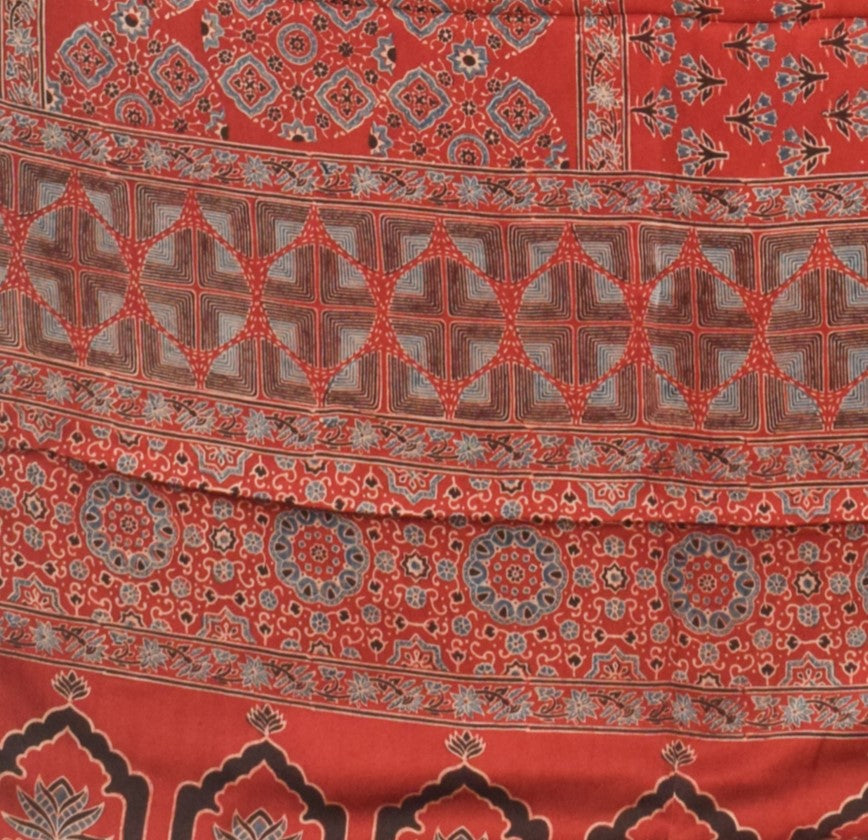 Ajrakh Modal Silk Natural Dye Hand Block Print Saree  with Ajrakh Blouse Piece  - 6 Mtr Length    -  SKU : ID14C0AI