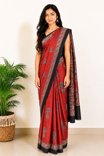Ajrakh Modal Silk Natural Dye Hand Block Print Saree with Blouse Piece - 5.5 Mtr Length   -  SKU : SI03601I