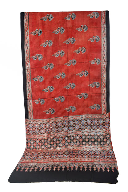 Ajrakh Modal Silk Natural Dye Hand Block Print Saree with Blouse Piece - 5.5 Mtr Length   -  SKU : SI03601I