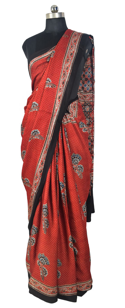 Ajrakh Modal Silk Natural Dye Hand Block Print Saree with Blouse Piece - 5.5 Mtr Length   -  SKU : SI03601I