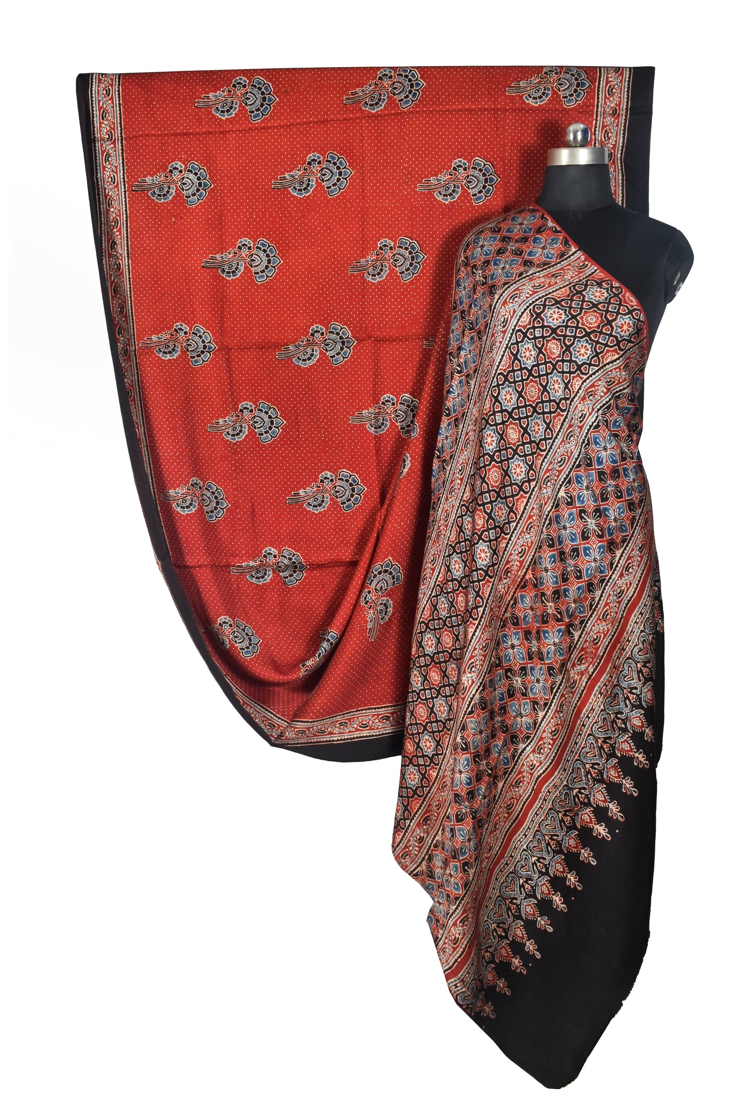 Ajrakh Modal Silk Natural Dye Hand Block Print Saree with Blouse Piece - 5.5 Mtr Length   -  SKU : SI03601I