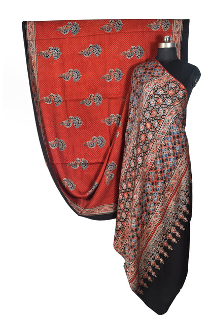 Ajrakh Modal Silk Natural Dye Hand Block Print Saree with Blouse Piece - 5.5 Mtr Length   -  SKU : SI03601I