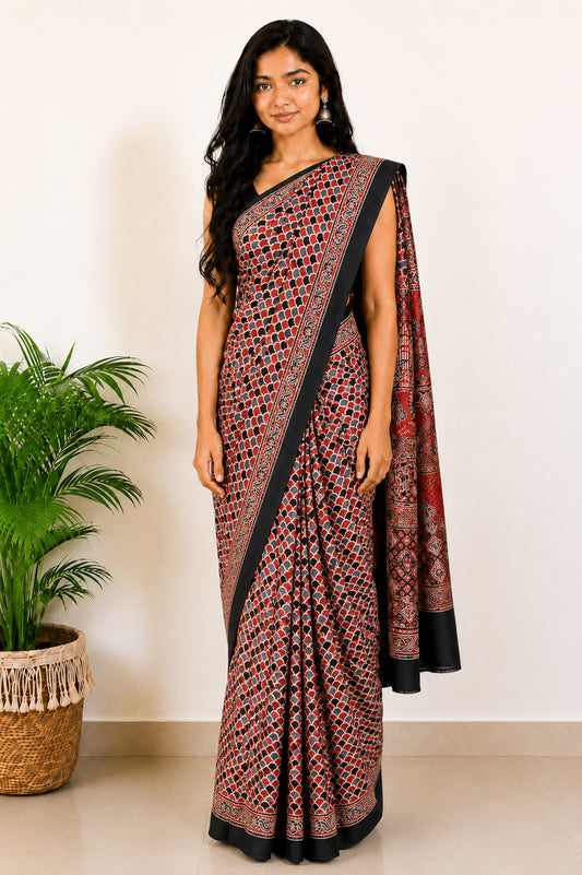 Ajrakh Modal Silk Natural Dye Hand Block Print Saree with Blouse Piece - 5.5 Mtr Length   -  SKU : SI03601K