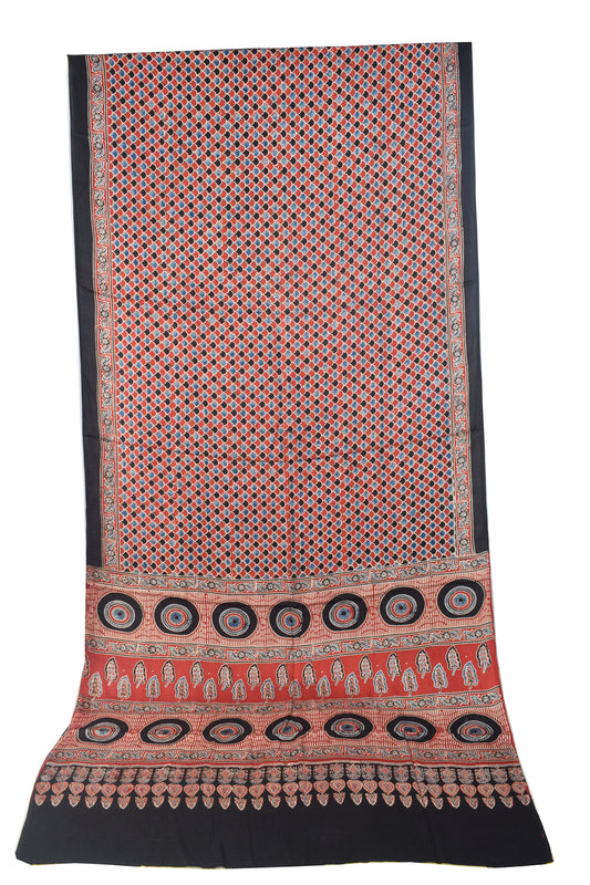 Ajrakh Modal Silk Natural Dye Hand Block Print Saree with Blouse Piece - 5.5 Mtr Length   -  SKU : SI03601K