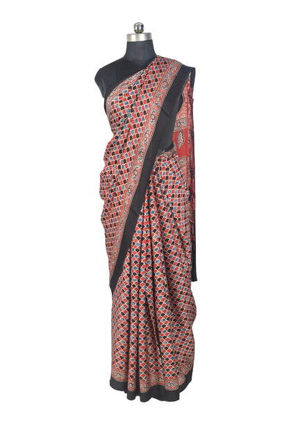 Ajrakh Modal Silk Natural Dye Hand Block Print Saree with Blouse Piece - 5.5 Mtr Length   -  SKU : SI03601K