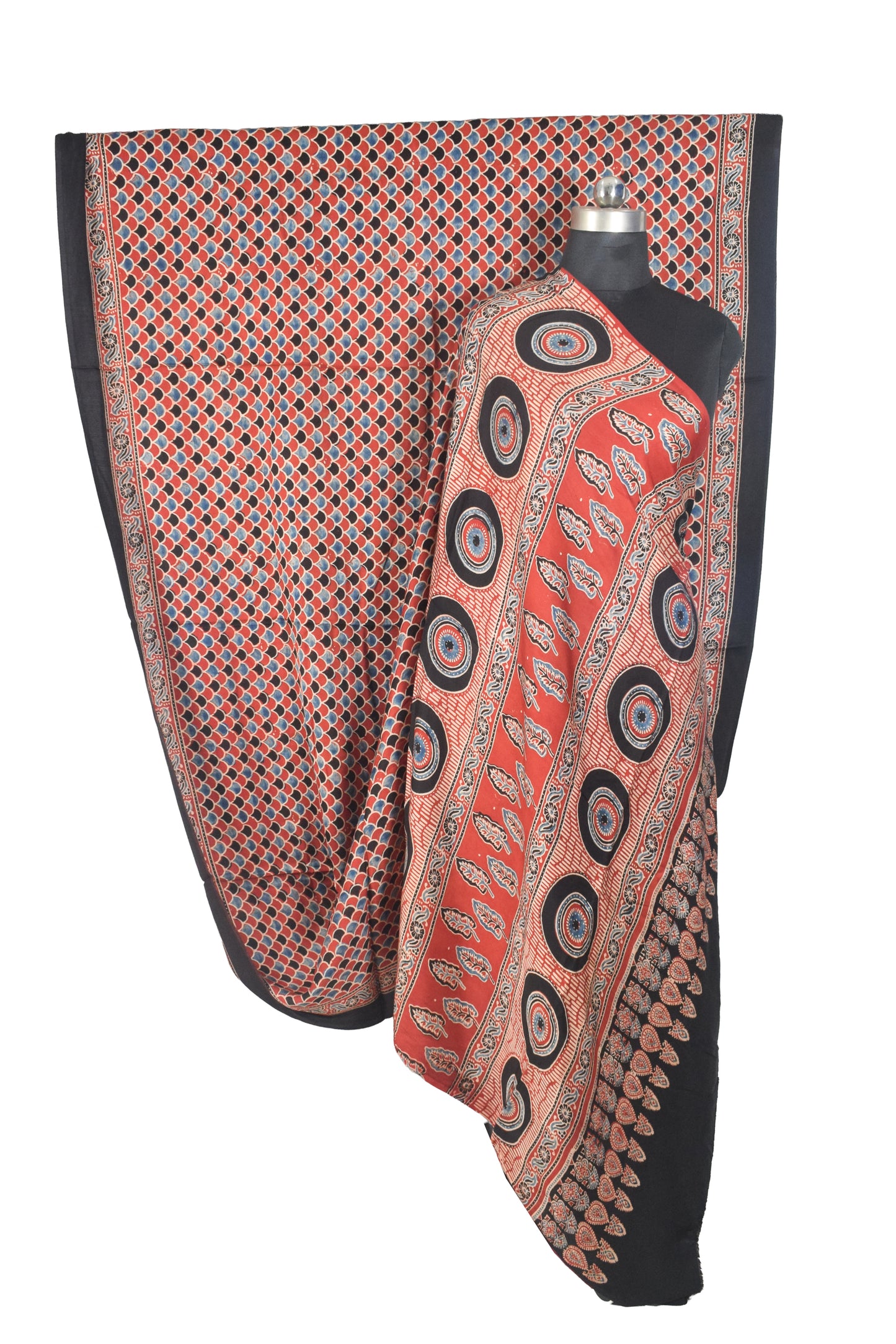 Ajrakh Modal Silk Natural Dye Hand Block Print Saree with Blouse Piece - 5.5 Mtr Length   -  SKU : SI03601K