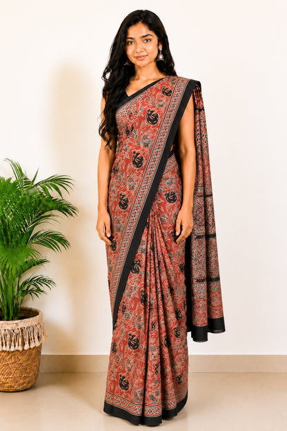 Ajrakh Modal Silk Natural Dye Hand Block Print Saree with Blouse Piece - 5.5 Mtr Length   -  SKU : SI03601Q
