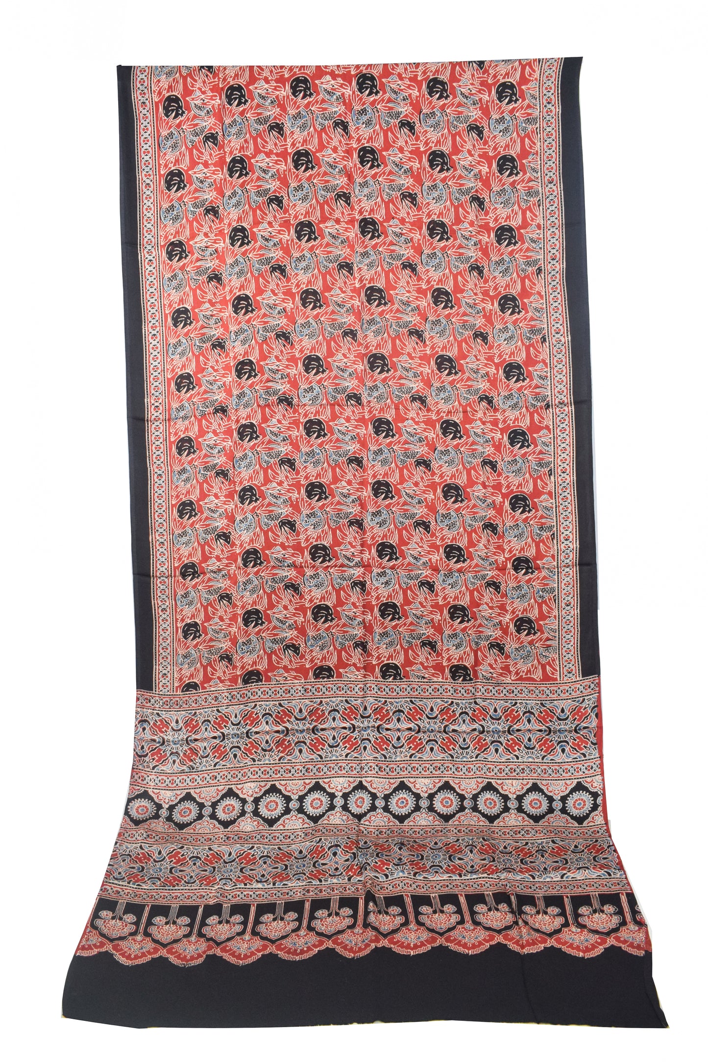 Ajrakh Modal Silk Natural Dye Hand Block Print Saree with Blouse Piece - 5.5 Mtr Length   -  SKU : SI03601Q