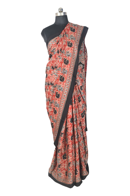 Ajrakh Modal Silk Natural Dye Hand Block Print Saree with Blouse Piece - 5.5 Mtr Length   -  SKU : SI03601Q