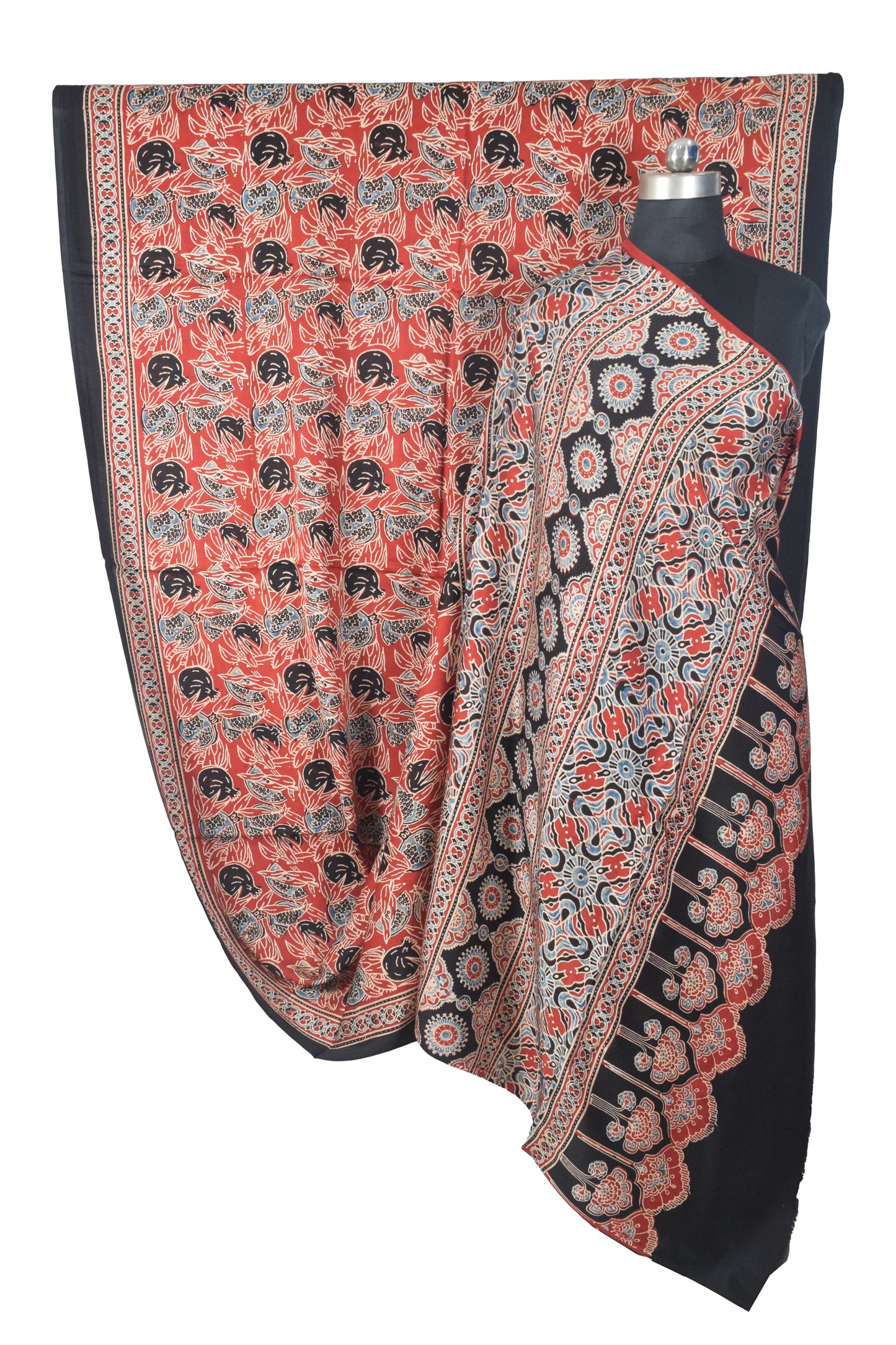 Ajrakh Modal Silk Natural Dye Hand Block Print Saree with Blouse Piece - 5.5 Mtr Length   -  SKU : SI03601Q