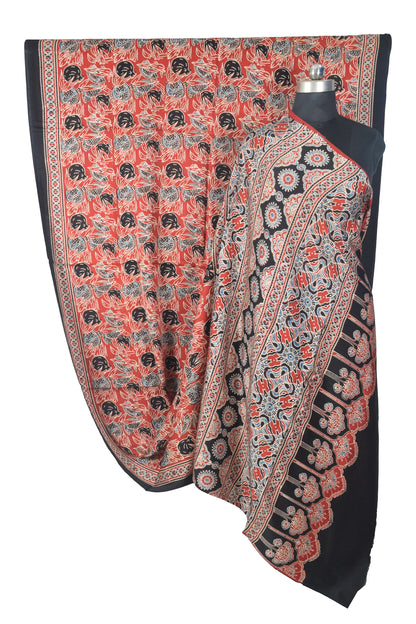 Ajrakh Modal Silk Natural Dye Hand Block Print Saree with Blouse Piece - 5.5 Mtr Length   -  SKU : SI03601Q