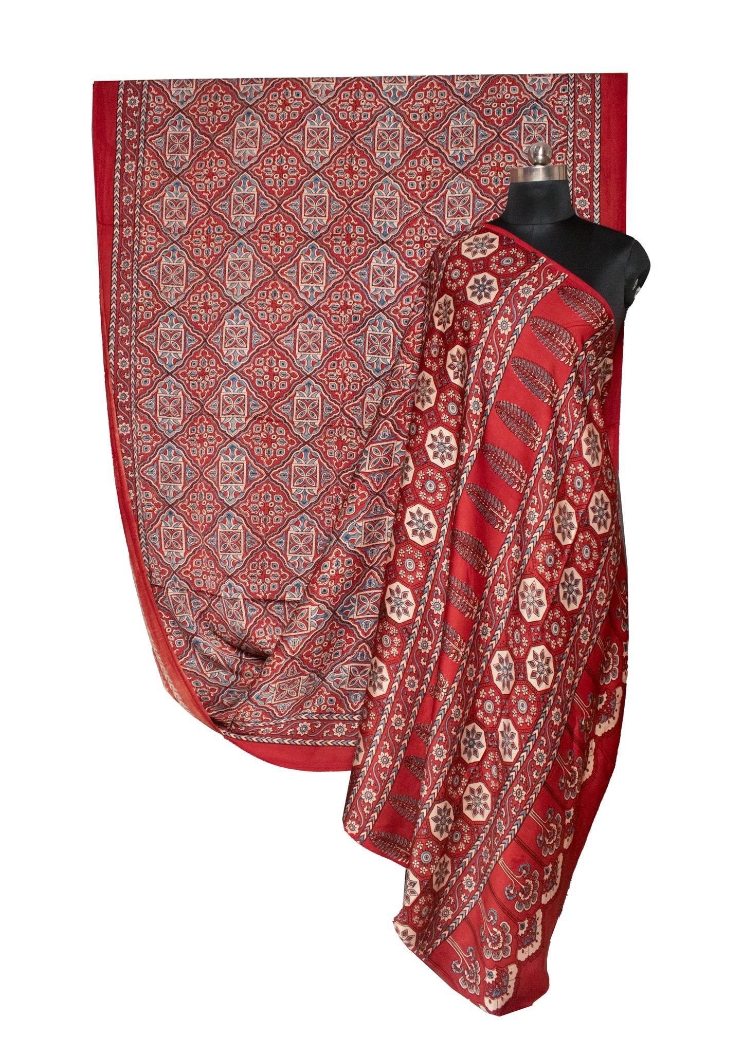 Ajrakh Modal Silk Natural Dye Hand Block Print Saree with Blouse Piece - 5.5 Mtr Length   -  SKU : AI18801D